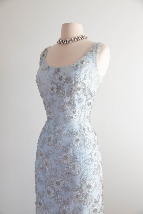 Glamorous Early 1960's Mirror Blue Hand Beaded Evening Dress By Irene Sargent / SM