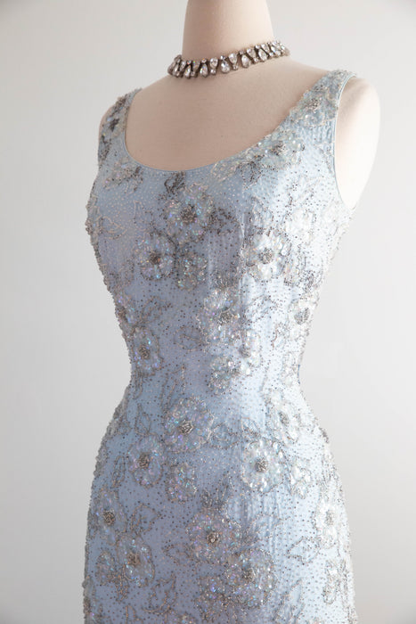 Glamorous Early 1960's Mirror Blue Hand Beaded Evening Dress By Irene Sargent / SM