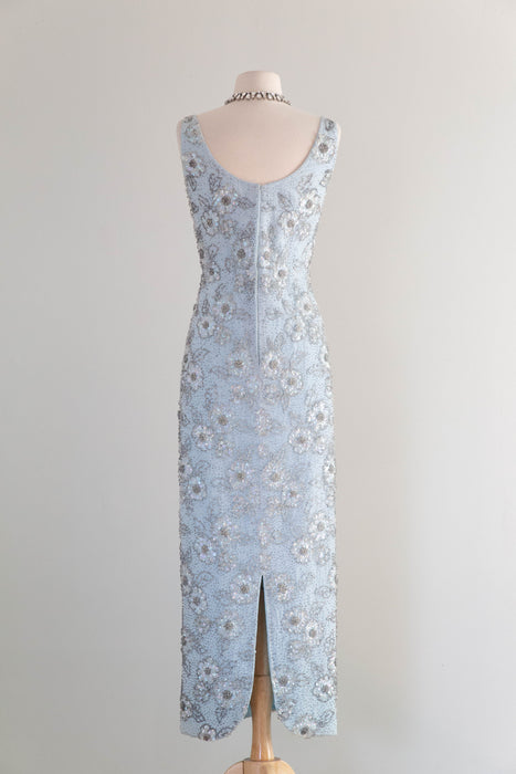 Glamorous Early 1960's Mirror Blue Hand Beaded Evening Dress By Irene Sargent / SM