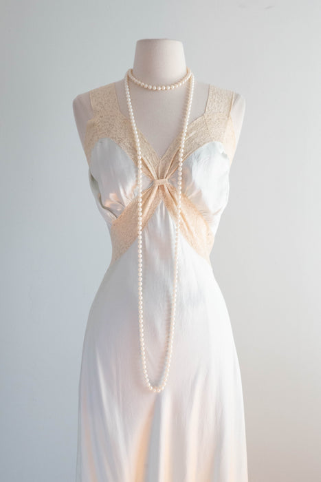 Heavenly 1930's Pale Blue Silk Bias Cut Nightgown With Lace Trim / ML