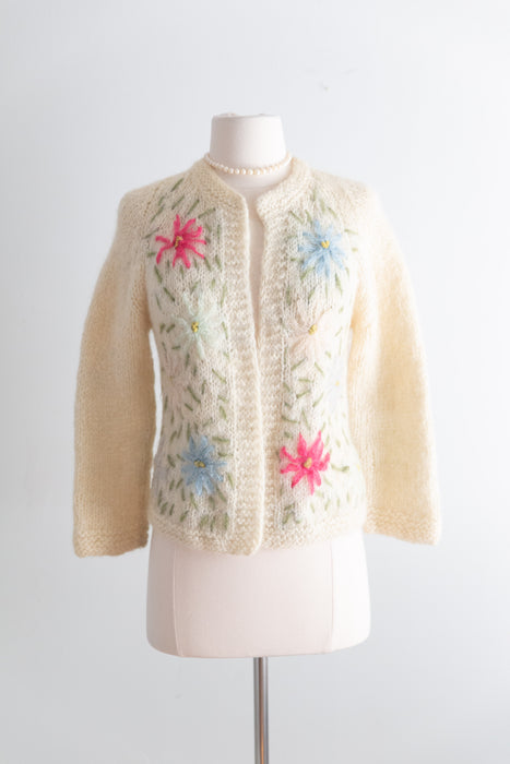 Sweet Early 1960's Floral Embroidered Mohair Cardigan Made in Italy / Small