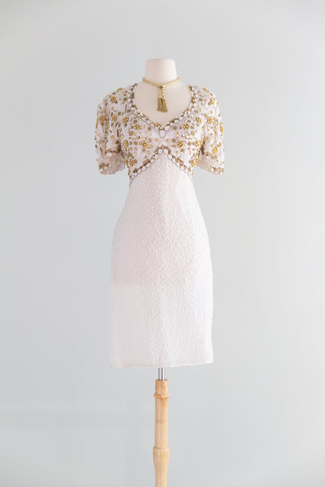 Fabulous 1980's Dolly Dress - Beaded Silk With Cut Out Back / L