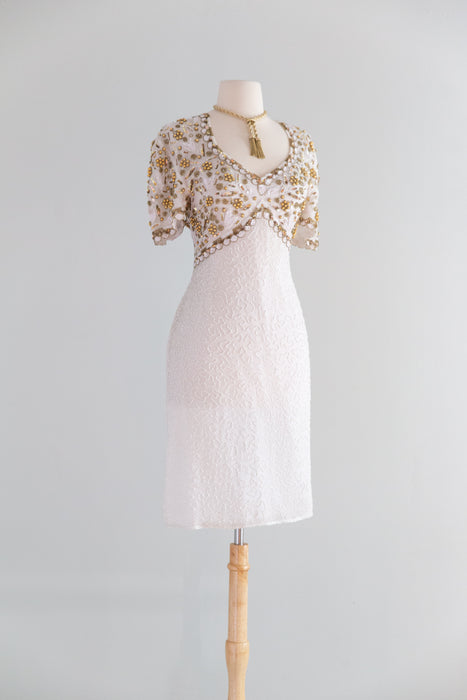 Fabulous 1980's Dolly Dress - Beaded Silk With Cut Out Back / L