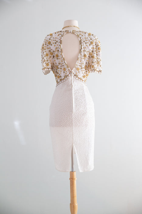 Fabulous 1980's Dolly Dress - Beaded Silk With Cut Out Back / L