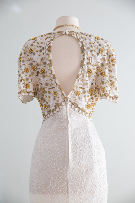 Fabulous 1980's Dolly Dress - Beaded Silk With Cut Out Back / L