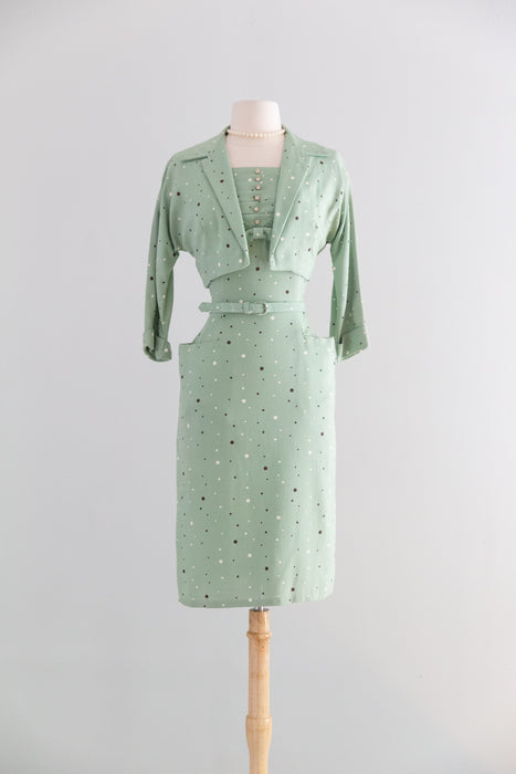 Classic 1950's Polka Dot Pistachio Wiggle Dress With Matching Bolero / S