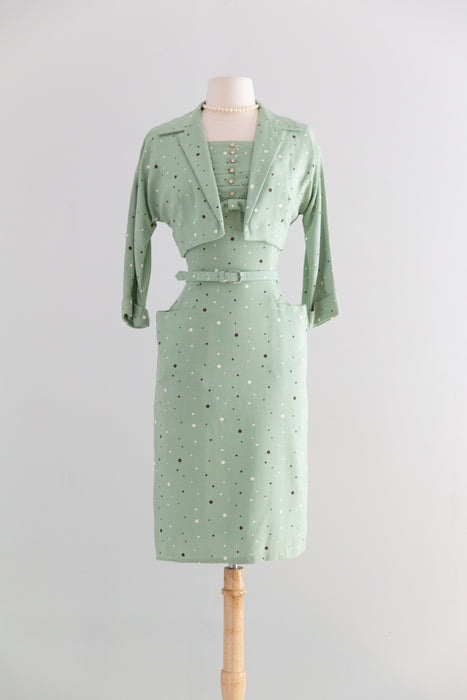 Classic 1950's Polka Dot Pistachio Wiggle Dress With Matching Bolero / S