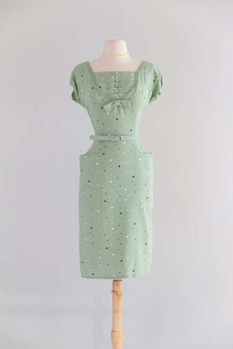 Classic 1950's Polka Dot Pistachio Wiggle Dress With Matching Bolero / S