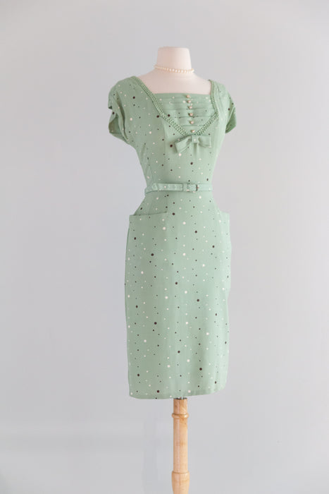 Classic 1950's Polka Dot Pistachio Wiggle Dress With Matching Bolero / S