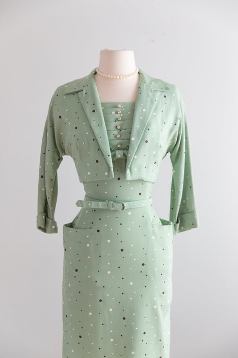 Classic 1950's Polka Dot Pistachio Wiggle Dress With Matching Bolero / S