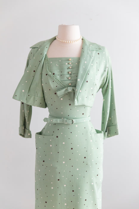 Classic 1950's Polka Dot Pistachio Wiggle Dress With Matching Bolero / S