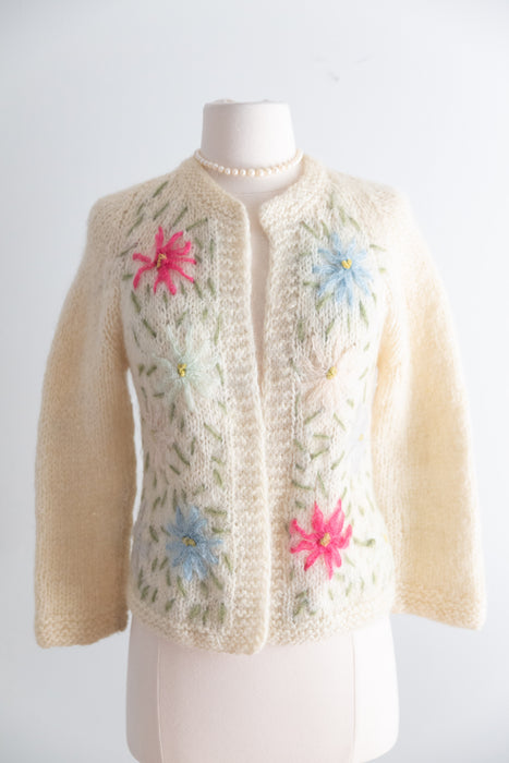 Sweet Early 1960's Floral Embroidered Mohair Cardigan Made in Italy / Small