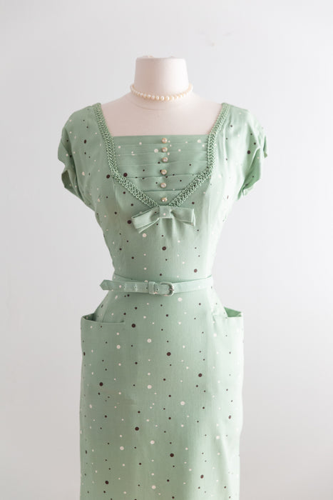 Classic 1950's Polka Dot Pistachio Wiggle Dress With Matching Bolero / S