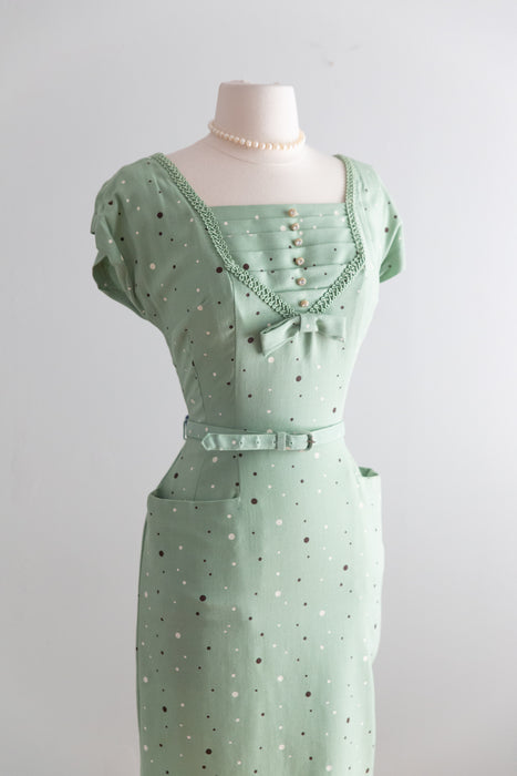 Classic 1950's Polka Dot Pistachio Wiggle Dress With Matching Bolero / S