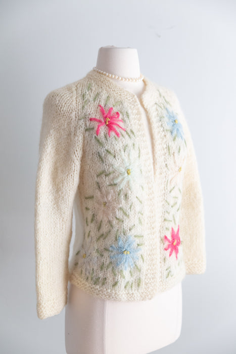 Sweet Early 1960's Floral Embroidered Mohair Cardigan Made in Italy / Small