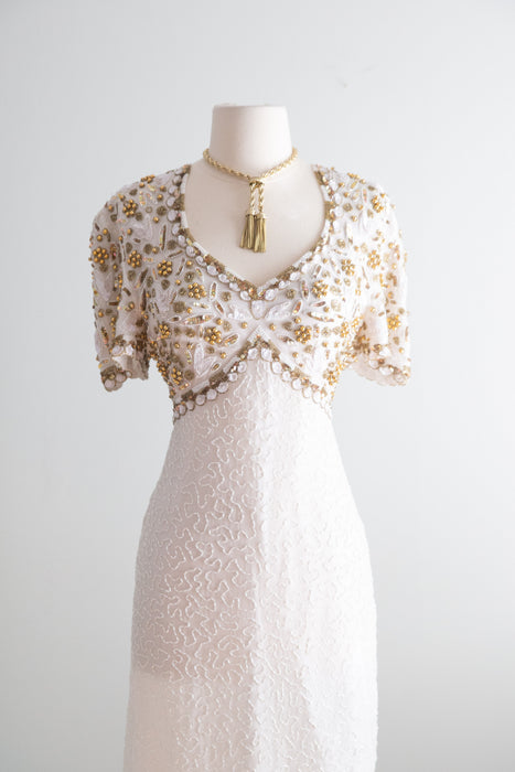 Fabulous 1980's Dolly Dress - Beaded Silk With Cut Out Back / L