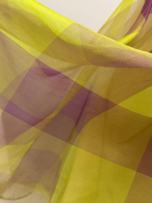 Fabulous 1950's Silk Organza Party Dress In Green & Purple Windowpane Plaid / M