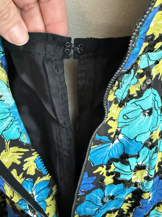 Sophisticated Late 1950's Silk Floral Print Cocktail Dress With Black Sequins By Hannah Troy / M