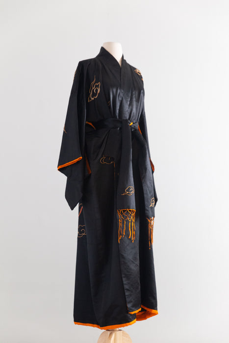 Fabulous Early 20th Century Japanese Export Silk Kimono Robe with Couched Gold Dragons / OS