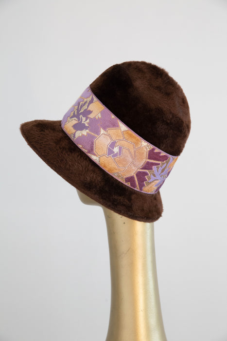 Fabulous 1960's Fur Felt Chocolate Cloche Hat With Deco Band By James Cambell