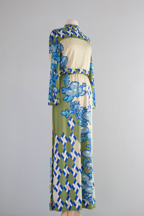 Iconic Early 1970's Paganne By Gene Berk Graphic Print Maxi Dress / ML