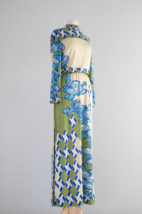 Iconic Early 1970's Paganne By Gene Berk Graphic Print Maxi Dress / ML