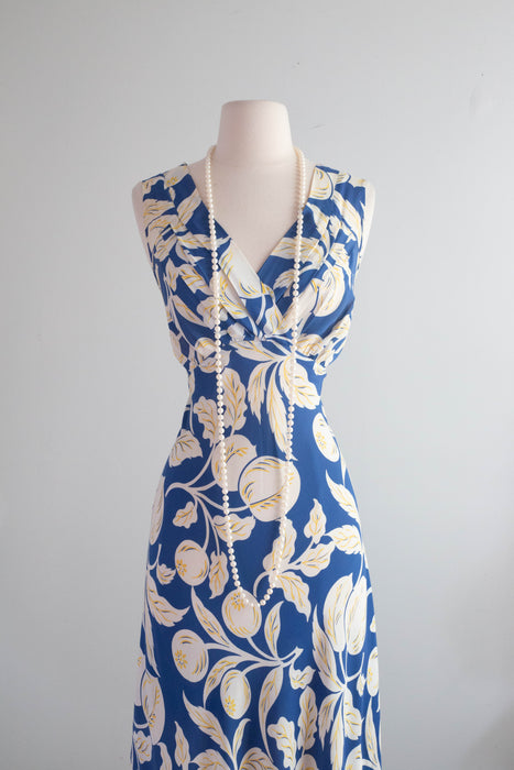 Beautiful 1930's Blueberry & Peach Print Bias Cut Cold Rayon Slip Dress / SM