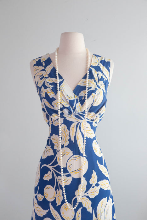 Beautiful 1930's Blueberry & Peach Print Bias Cut Cold Rayon Slip Dress / SM