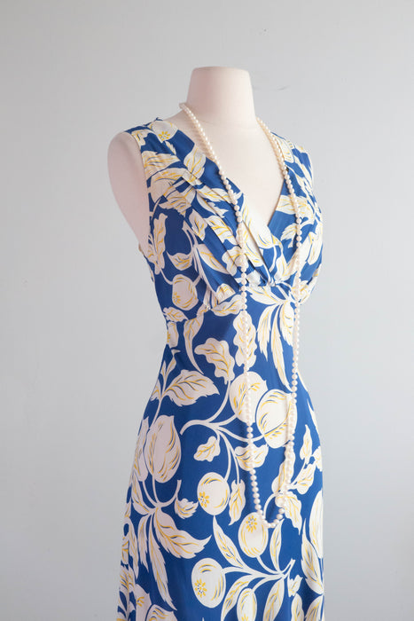 Beautiful 1930's Blueberry & Peach Print Bias Cut Cold Rayon Slip Dress / SM