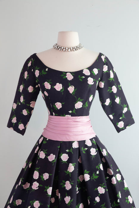 Classic 1950's French Couture Rose Print Party Dress Jean Dando Paris / Small