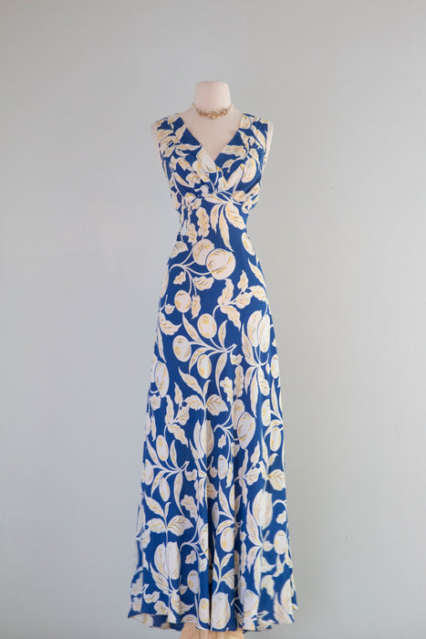 Beautiful 1930's Blueberry & Peach Print Bias Cut Cold Rayon Slip Dress / SM