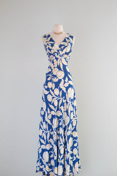 Beautiful 1930's Blueberry & Peach Print Bias Cut Cold Rayon Slip Dress / SM