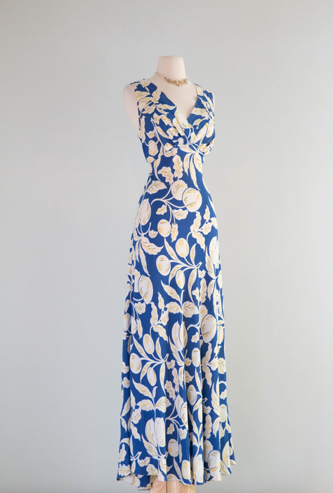 Beautiful 1930's Blueberry & Peach Print Bias Cut Cold Rayon Slip Dress / SM