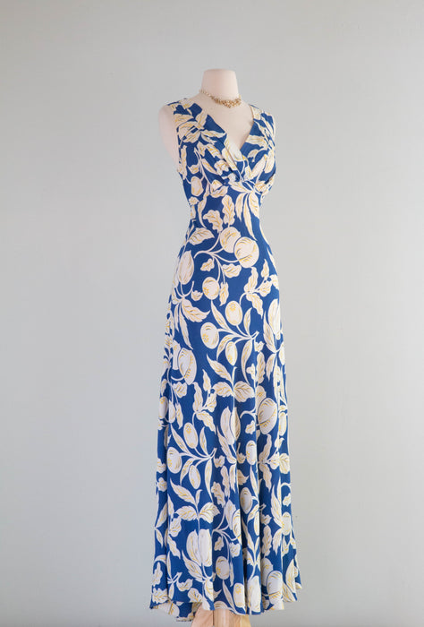 Beautiful 1930's Blueberry & Peach Print Bias Cut Cold Rayon Slip Dress / SM