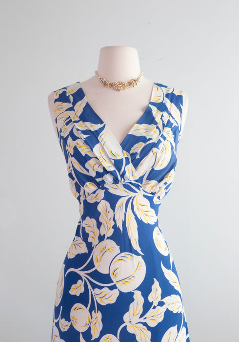 Beautiful 1930's Blueberry & Peach Print Bias Cut Cold Rayon Slip Dress / SM