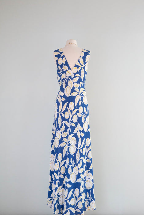 Beautiful 1930's Blueberry & Peach Print Bias Cut Cold Rayon Slip Dress / SM