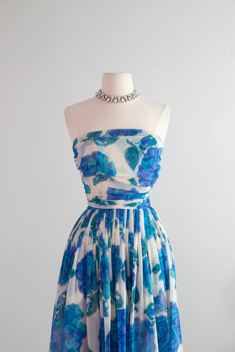 Dreamy 1950's Silk Chiffon Blue Floral Print Party Dress From The Elizabeth Arden Boutique / XS