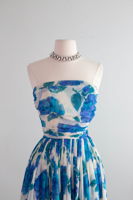 Dreamy 1950's Silk Chiffon Blue Floral Print Party Dress From The Elizabeth Arden Boutique / XS