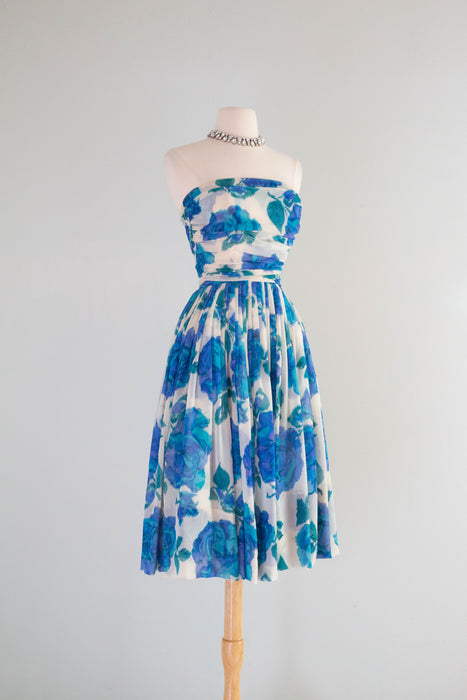 Dreamy 1950's Silk Chiffon Blue Floral Print Party Dress From The Elizabeth Arden Boutique / XS