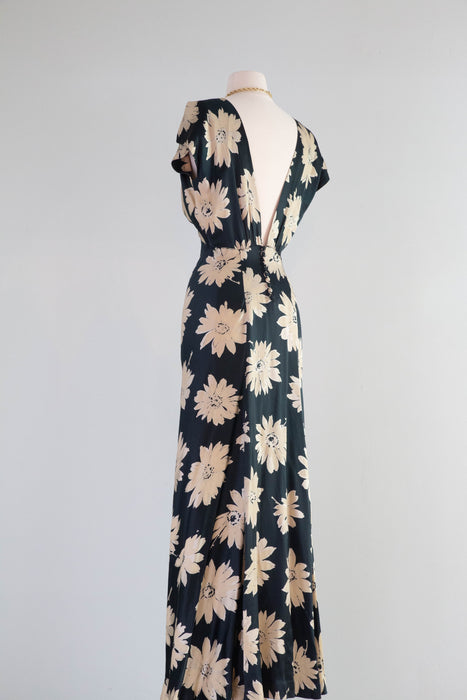 Divine 1930's Liquid Silk Satin Daisy Print Bias Cut Evening Gown / SM