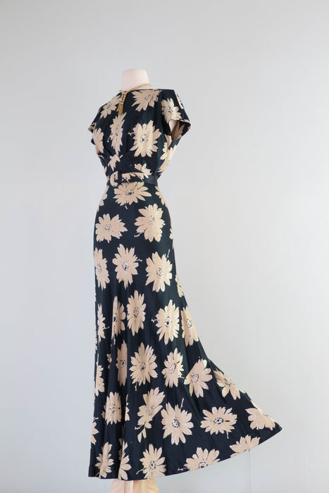 Divine 1930's Liquid Silk Satin Daisy Print Bias Cut Evening Gown / SM