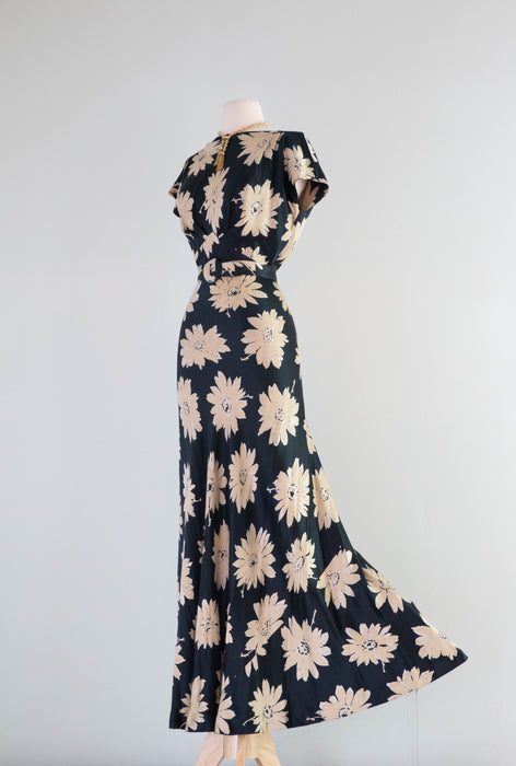 Divine 1930's Liquid Silk Satin Daisy Print Bias Cut Evening Gown / SM