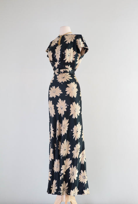 Divine 1930's Liquid Silk Satin Daisy Print Bias Cut Evening Gown / SM