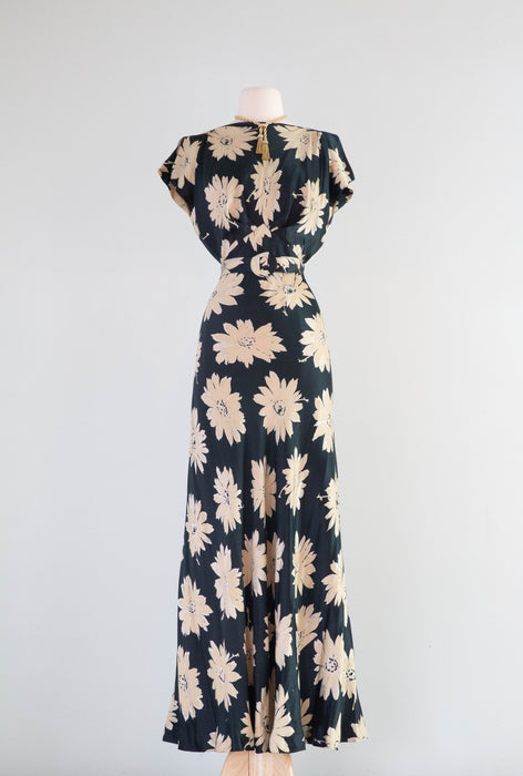 Divine 1930's Liquid Silk Satin Daisy Print Bias Cut Evening Gown / SM