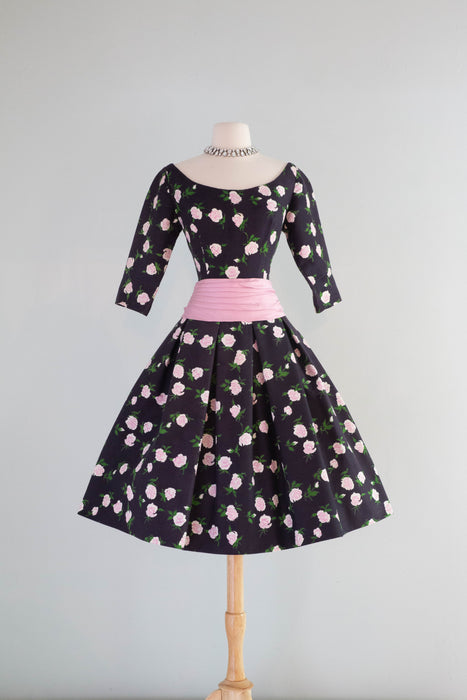 Classic 1950's French Couture Rose Print Party Dress Jean Dando Paris / Small