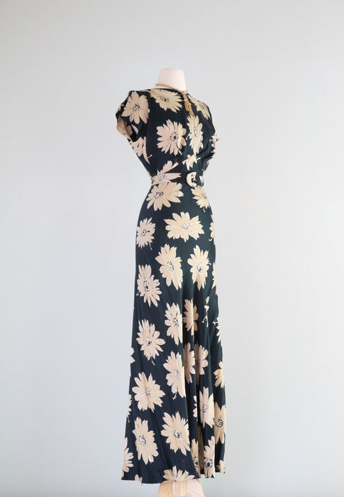 Divine 1930's Liquid Silk Satin Daisy Print Bias Cut Evening Gown / SM