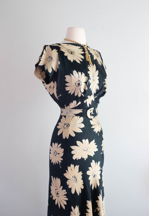 Divine 1930's Liquid Silk Satin Daisy Print Bias Cut Evening Gown / SM