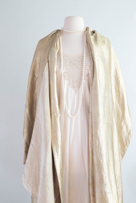 Rare 1920's Liquid Gold Lamé Opera Cocoon Coat With Hood & Velvet Lining / SM