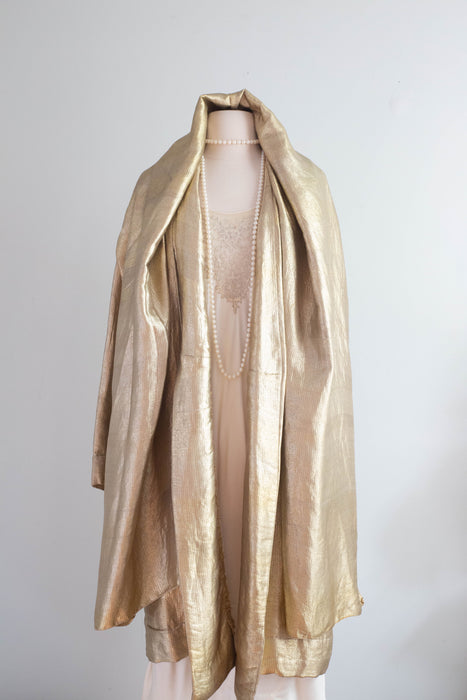 Rare 1920's Liquid Gold Lamé Opera Cocoon Coat With Hood & Velvet Lining / SM