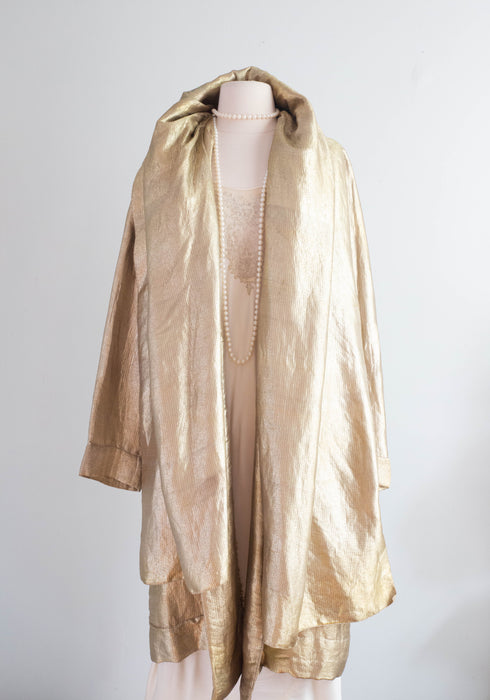 Rare 1920's Liquid Gold Lamé Opera Cocoon Coat With Hood & Velvet Lining / SM